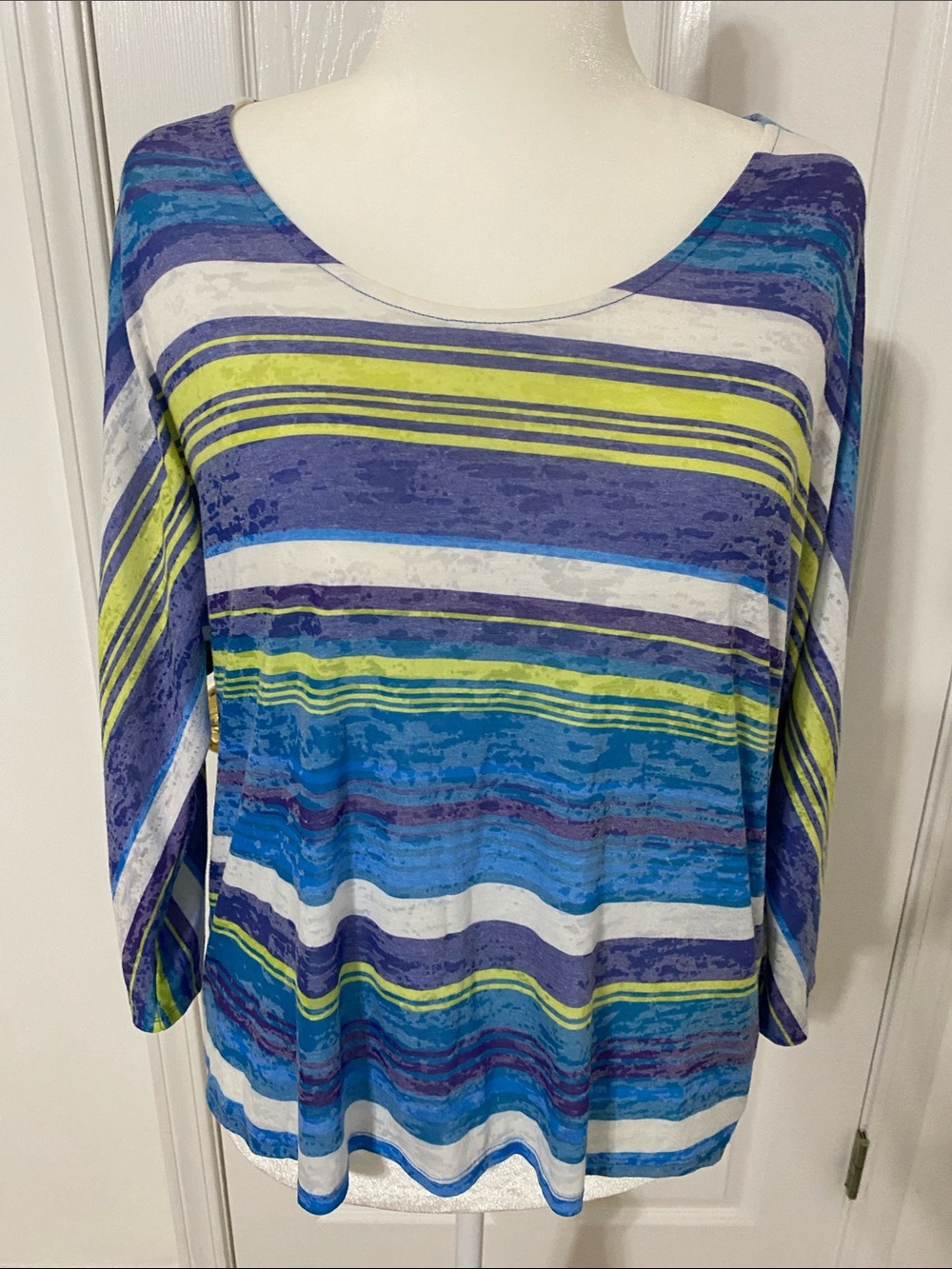 Coldwater Creek Striped Scoop Neck Top in Blue, Purple & Lime -Shell Buttons